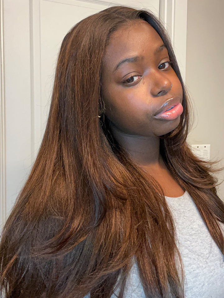 CurlyMe Layered Cut Black to Chestnut Brown Ombre Yaki Straight Hair 7x5 Pre-Cut Swiss Lace Wear Go Glueless Wigs