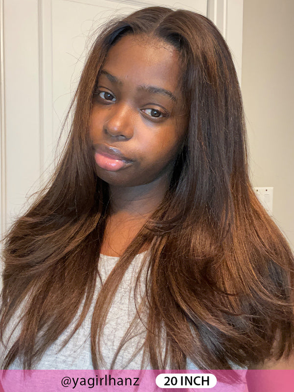 CurlyMe Layered Cut Black to Chestnut Brown Ombre Yaki Straight Hair 7x5 Pre-Cut Swiss Lace Wear Go Glueless Wigs