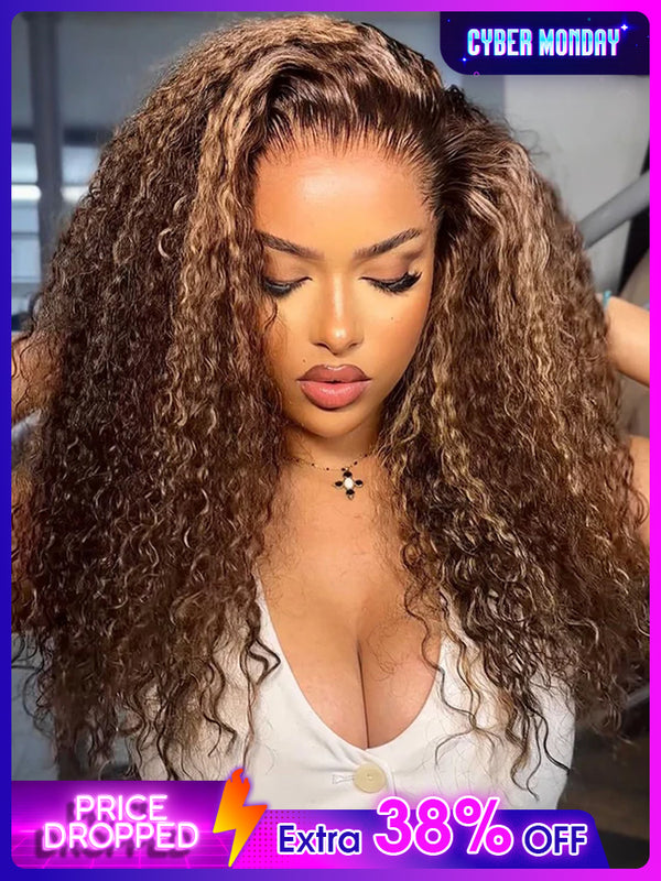 CurlyMe Highlights Ombre Human Hair Wigs Kinky Curly Transparent Lace Wigs Pre plucked
