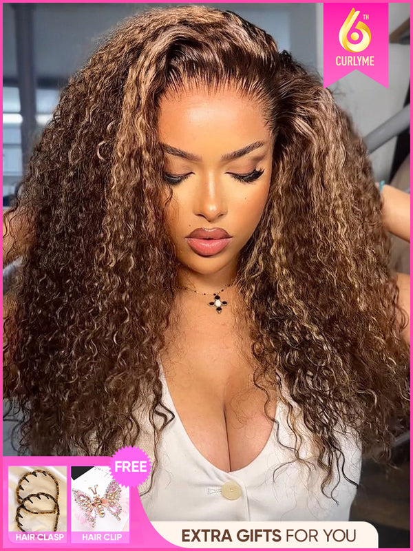 CurlyMe Highlights Ombre Human Hair Wigs Kinky Curly Transparent Lace Wigs Pre plucked