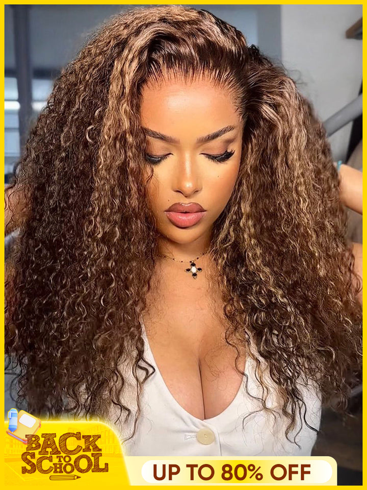 CurlyMe Highlights Ombre Human Hair Wigs Kinky Curly Transparent Lace Wigs Pre plucked