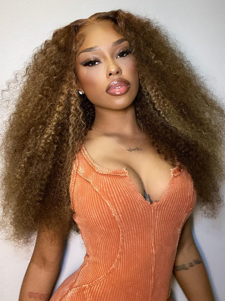 CurlyMe Highlights Ombre Human Hair Wigs Kinky Curly Transparent Lace Wigs Pre plucked