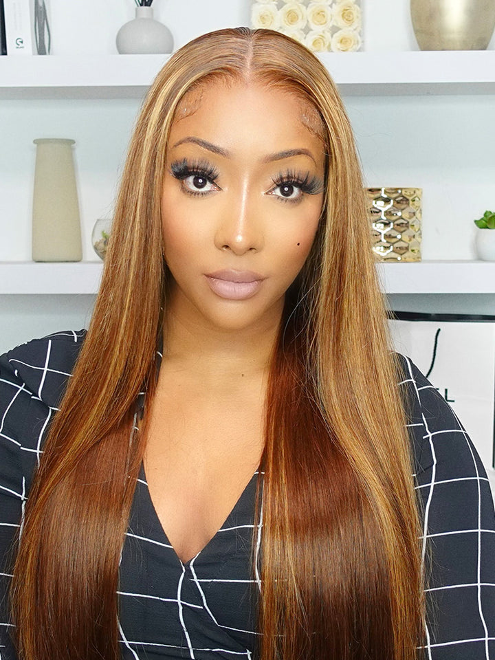 CurlyMe Highlights Ombre 7x5 Swiss Lace Wear Go Straight Glueless Wigs Pre Cut Lace Wig