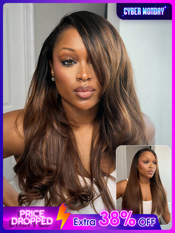 CurlyMe 3 In 1 Half Wig Black to Chestnut Brown Ombre Yaki Straight Glueless Install Half Wig Beginner Friendly