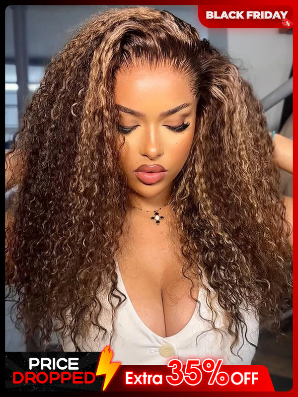 CurlyMe Highlights Ombre Human Hair Wigs Kinky Curly Transparent Lace Wigs Pre plucked