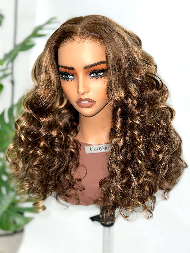 CurlyMe Highlights Ombre 7x5 Swiss Lace Wear Go Wand Curl Glueless Wigs Pre Cut Lace Wig