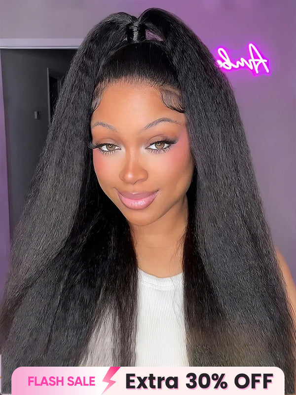 CurlyMe 360 Fit Wig Pre-Bleached Kinky Straight Human Hair Pre-Cut 360 Lace Wear Go Glueless Wig Pre-Plucked