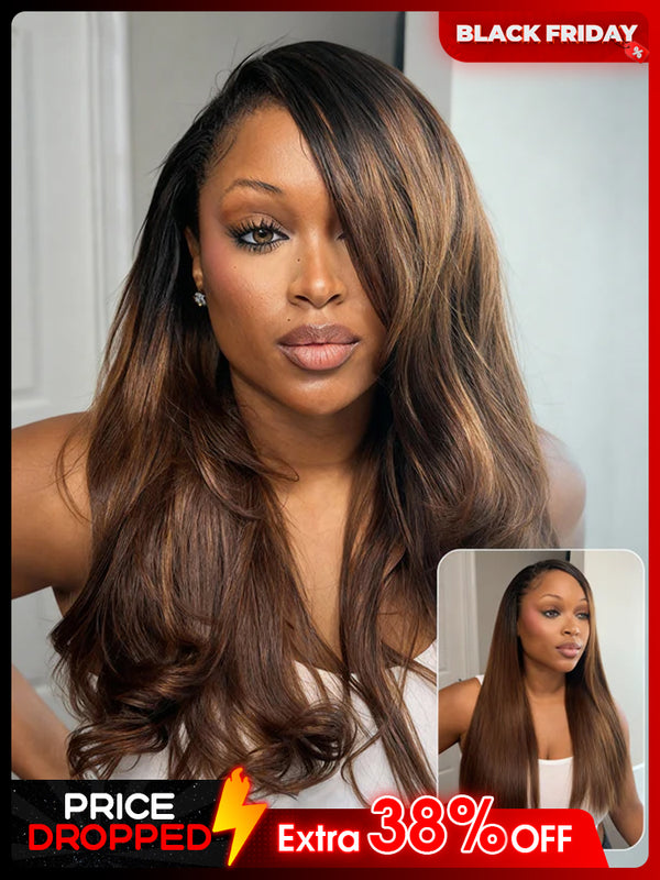 CurlyMe 3 In 1 Half Wig Black to Chestnut Brown Ombre Yaki Straight Glueless Install Half Wig Beginner Friendly