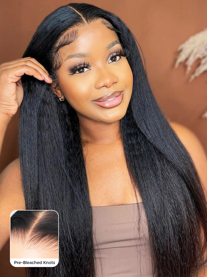 CurlyMe Pre-bleached Light Yaki Straight Hair Wear Go Glueless Wig Pre-cut HD Lace Pre-plucked