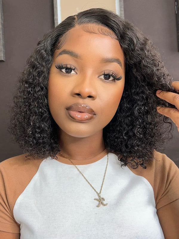 CurlyMe Black Kinky Curly Hair 13x4 Lace Front Bob Perruques Courtes Boucles Mignonnes