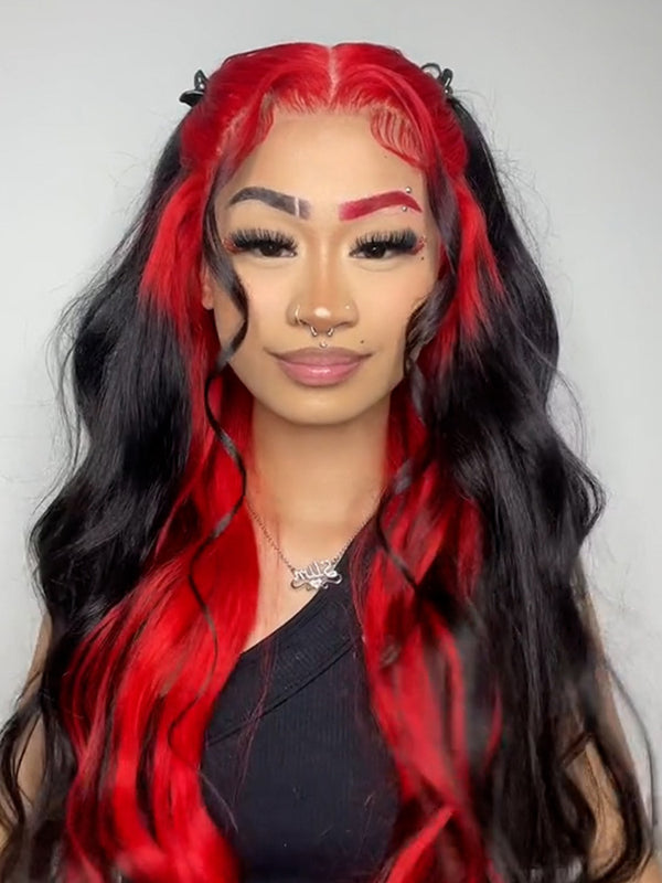 CurlyMe Natural Black Hair With Demon Red Top Lace Front Wigs Straight Human Hair