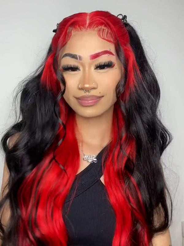 Black Hair With Demon Red Top Lace Front Wigs Straight Human Hair