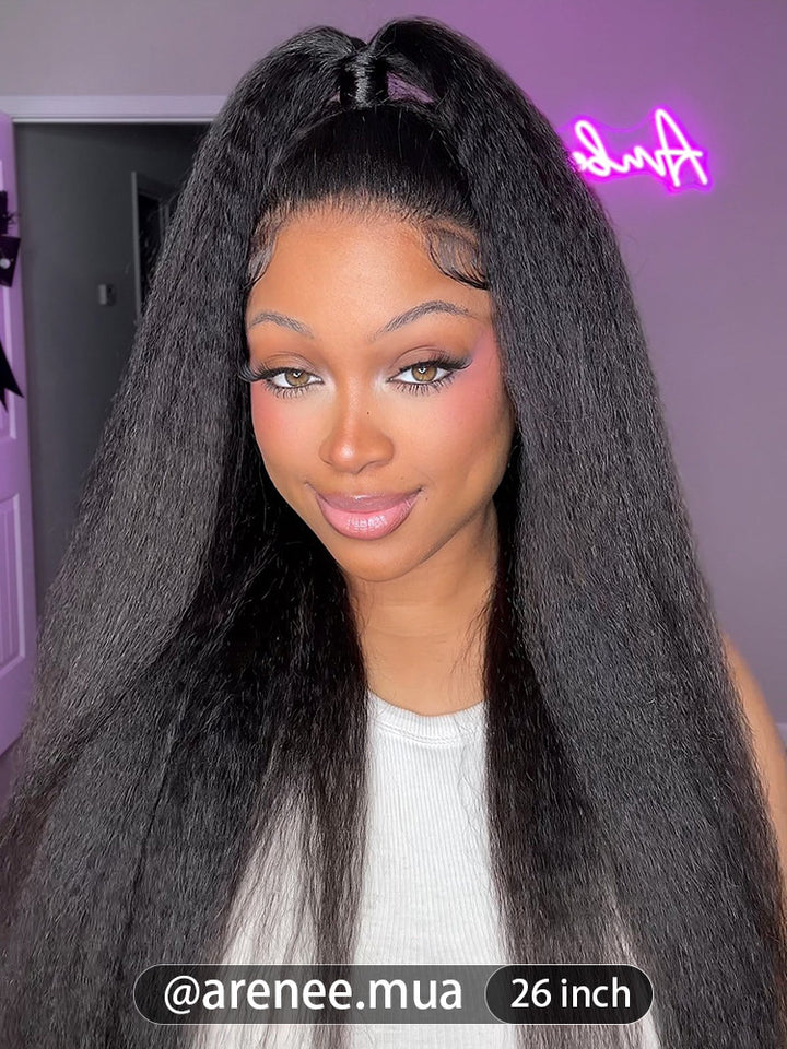 CurlyMe 360 Fit Wig Pre-Bleached Kinky Straight Human Hair Pre-Cut 360 Lace Wear Go Glueless Wig Pre-Plucked