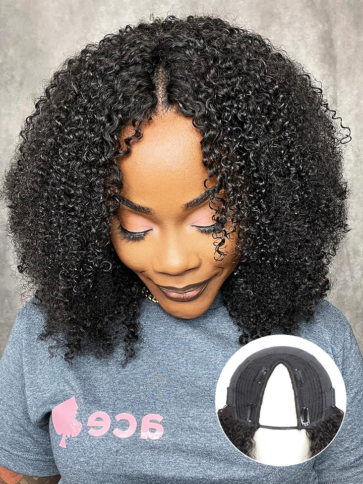 CurlyMe V Part Glueless No Leave Out Afro Kinky Curly Human Hair Wig Pre-plucked Beginner Friendly