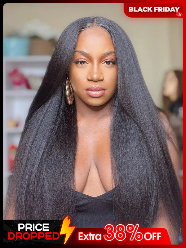 CurlyMe Kinky Straight Hair 13x4 Lace Front Wigs Pre Plucked Natural Black