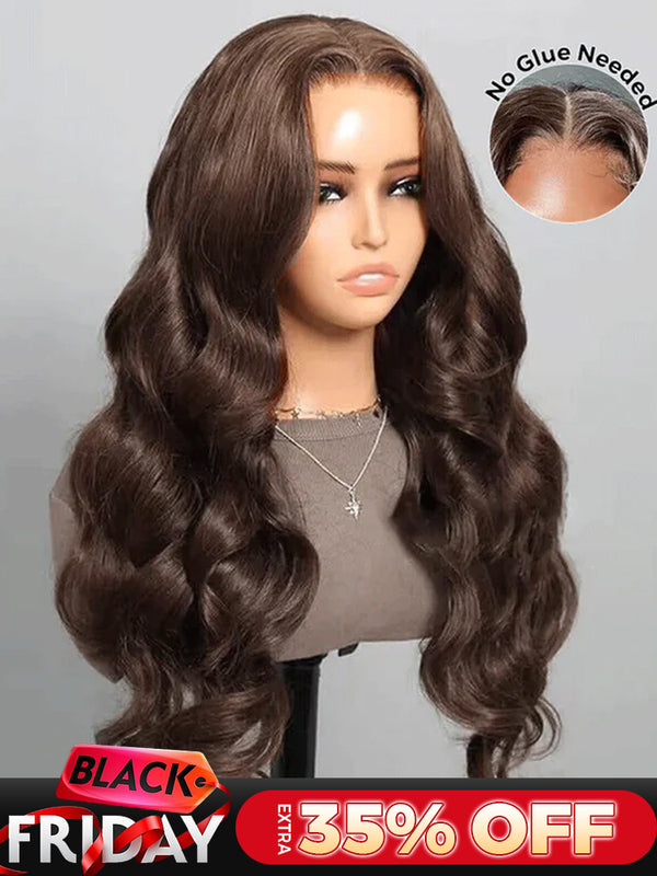 CurlyMe #4 Chocolate Brown Pre Cut Glueless Lace Body Wave Wear Go Wig