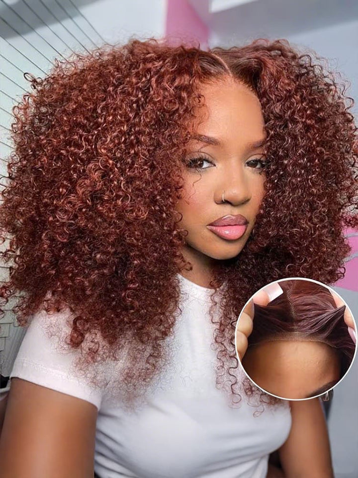 CurlyMe Pre-cut 9x6 Lace Reddish Brown Kinky Curly Wear Go Glueless Mini Knots Wig Pre-plucked