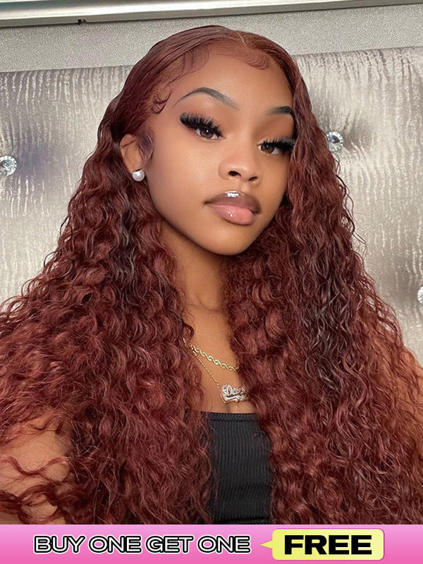 CurlyMe Reddish Brown Color Water Wave Auburn Hair 13x4 Lace Front Wigs Pre Plucked