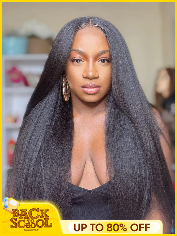 CurlyMe Kinky Straight Hair 13x4 Lace Front Wigs Pre Plucked Natural Black