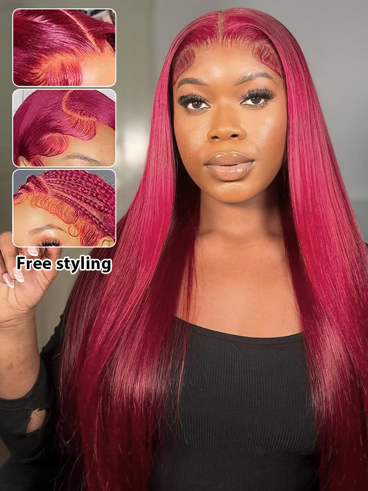 CurlyMe 99J Burgundy Color Straight Hair 13x4 Lace Front Wigs Easy Bleached Lace Wigs