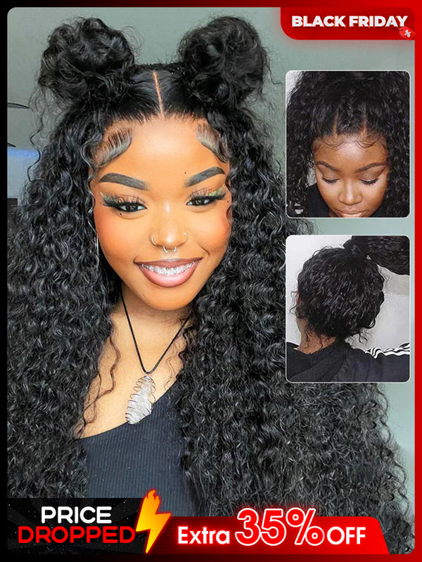 CurlyMe 360 Lace Fit Wear Go Pre-Bleached Water Wave Human Hair Glueless Wig Pre-Plucked