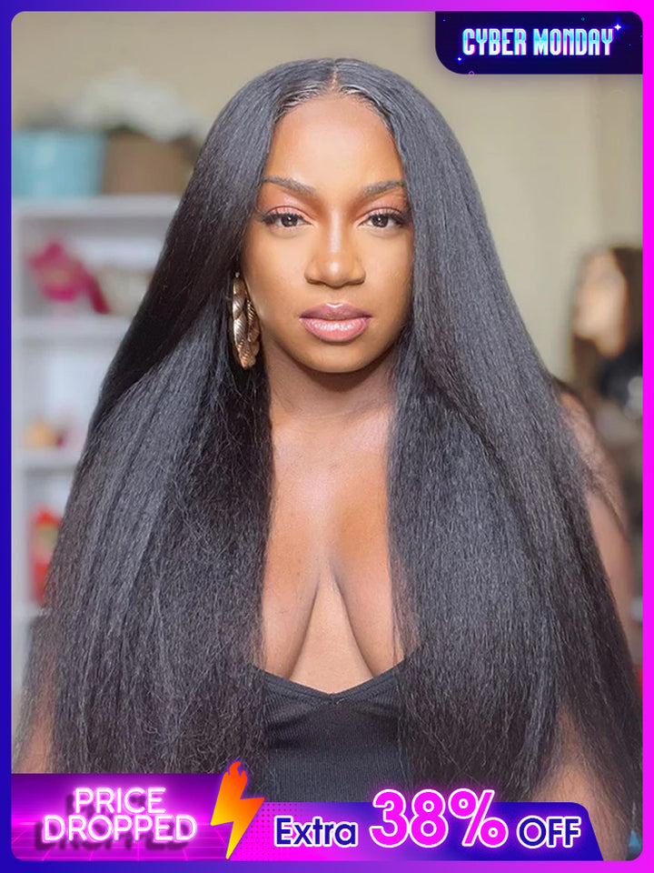 CurlyMe Kinky Straight Hair 13x4 Lace Front Wigs Pre Plucked Natural Black