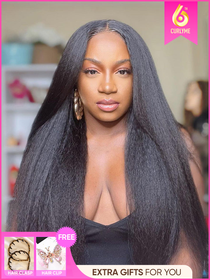 CurlyMe Kinky Straight Hair 13x4 Lace Front Wigs Pre Plucked Natural Black