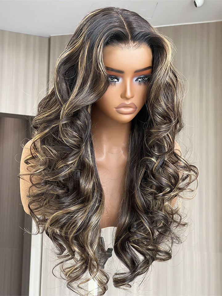 CurlyMe Pre-Styled Butterfly Cut Layered Highlight Brown Balayage 7x5 Lace Straight Human Hair Wear Go Wig