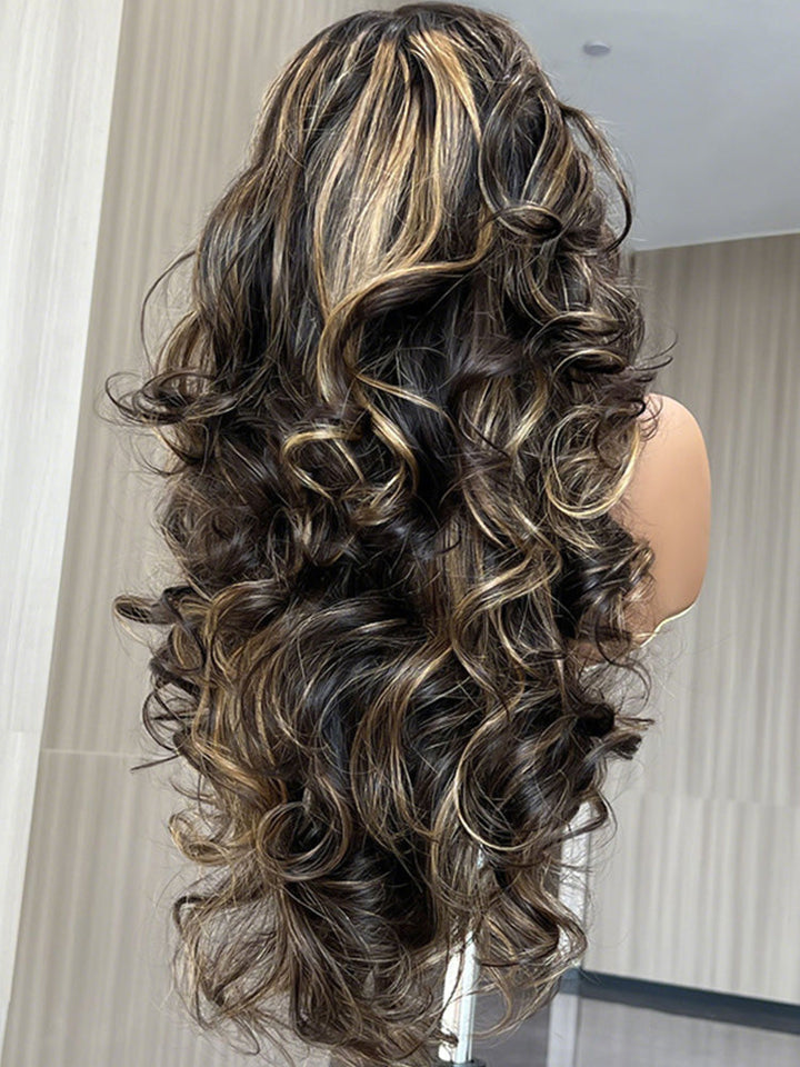 CurlyMe Pre-Styled Butterfly Cut Layered Highlight Brown Balayage 7x5 Lace Straight Human Hair Wear Go Wig