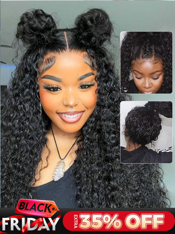 CurlyMe 360 Lace Fit Wear Go Pre-Bleached Water Wave Human Hair Glueless Wig Pre-Plucked