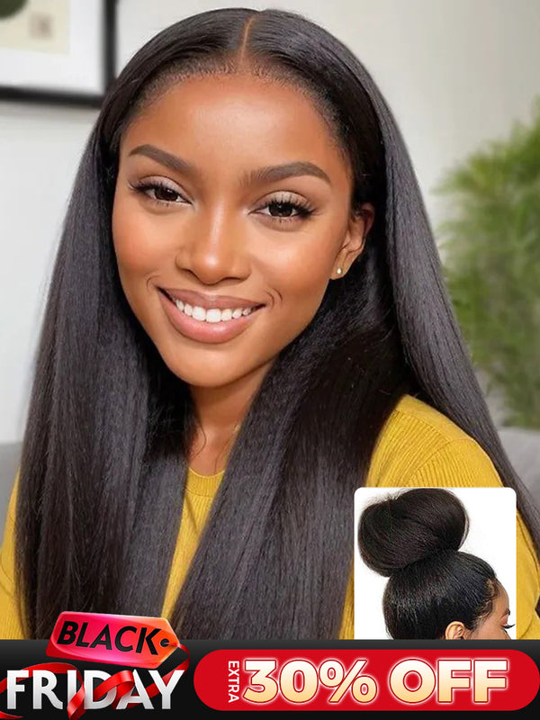 CurlyMe 360 Lace Wear Go Wig Pre-Bleached Yaki Straight Human Hair Pre-Plucked Lace Front Wig