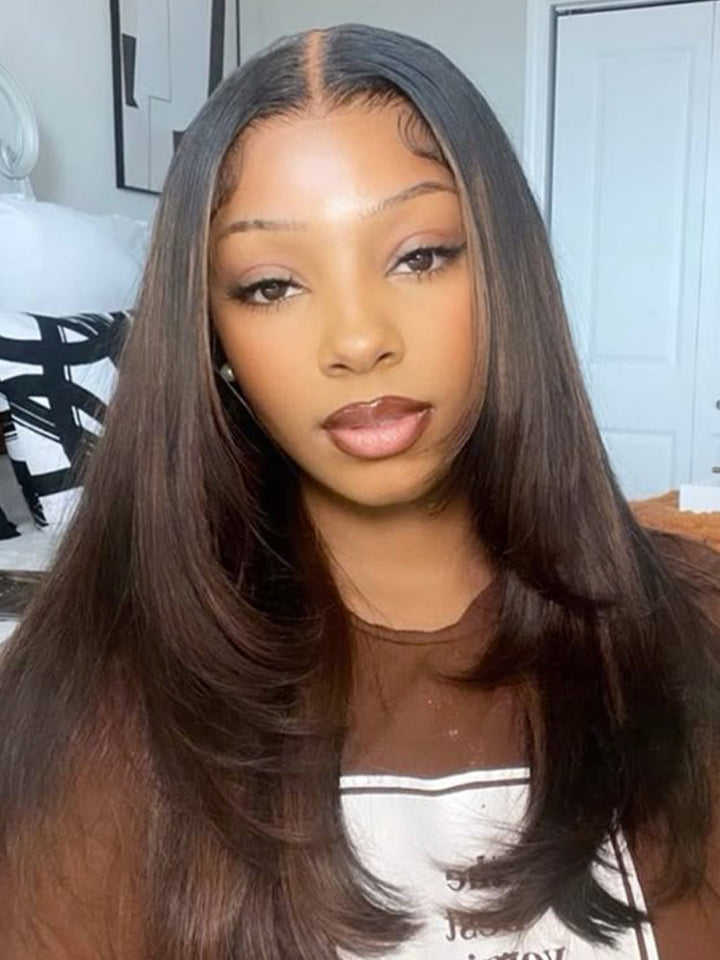 CurlyMe Layered Cut Black to Chestnut Brown Ombre Yaki Straight Hair 7x5 Pre-Cut Swiss Lace Wear Go Glueless Wigs