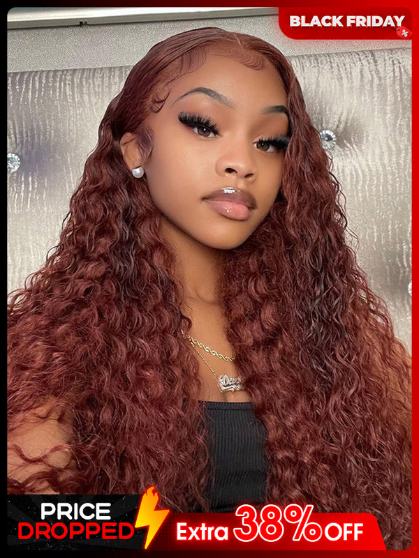 CurlyMe Reddish Brown Color Water Wave Auburn Hair 13x4 Lace Front Wigs Pre Plucked
