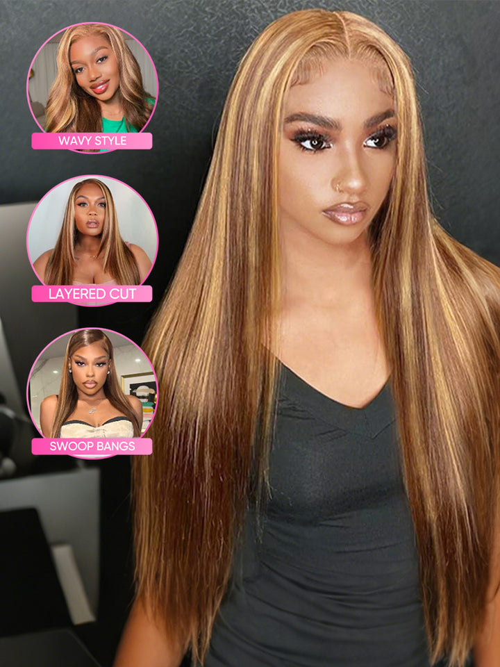 CurlyMe Highlights Ombre 7x5 Swiss Lace Wear Go Straight Glueless Wigs Pre Cut Lace Wig
