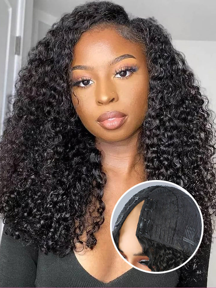 CurlyMe Kinky Curly V Part Wig Human Hair Glueless Wig Pre-plucked