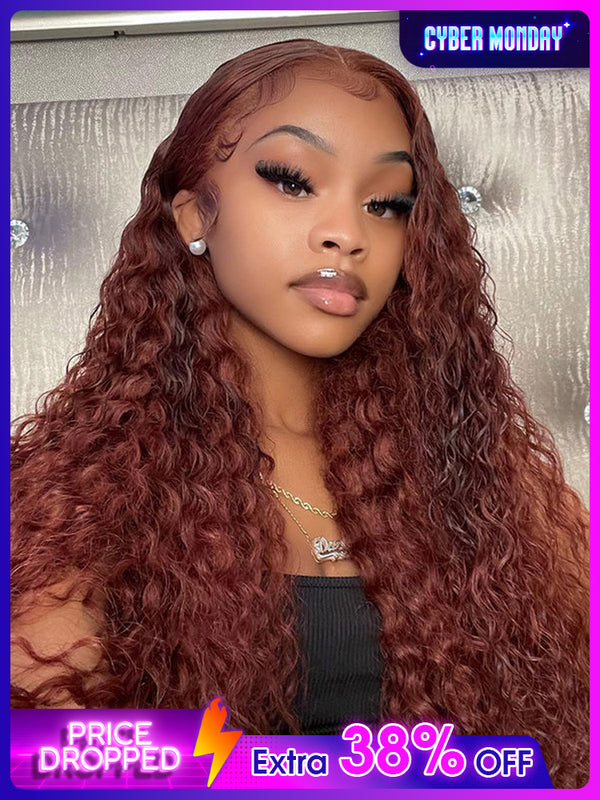 CurlyMe Reddish Brown Color Water Wave Auburn Hair 13x4 Lace Front Wigs Pre Plucked