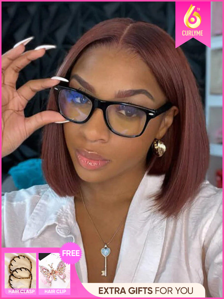 CurlyMe Reddish Brown Color Wear Go Straight Pre-Cut Lace Bob Glueless Wig