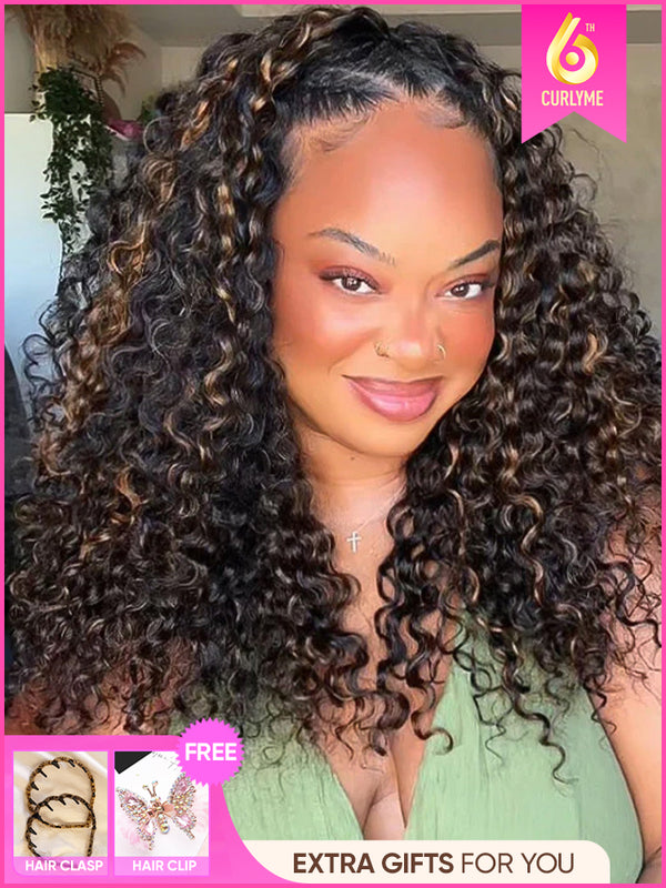 CurlyMe 3 IN 1 Highlight Ombre Brown Water Wave Half Wig-Glueless & Beginner Friendly