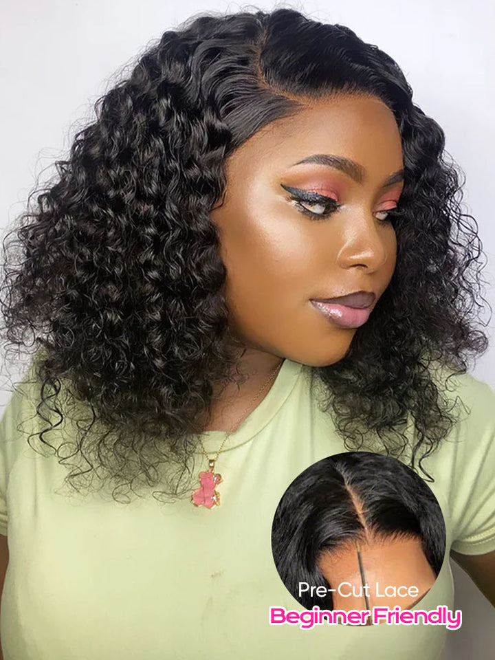 CurlyMe Water Wave Bob Glueless Wig Wear Go 7x5 HD Lace Pre Cut Lace Wig
