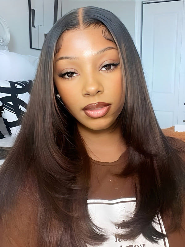 CurlyMe Layered Cut Black to Chestnut Brown Ombre Yaki Straight Hair 7x5 Pre-Cut Swiss Lace Wear Go Glueless Wigs