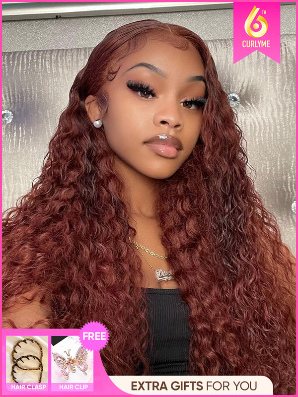 CurlyMe Reddish Brown Color Water Wave Auburn Hair 13x4 Lace Front Wigs Pre Plucked