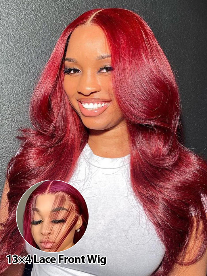 CurlyMe 99J Burgundy Color Straight Hair 13x4 Lace Front Wigs Easy Bleached Lace Wigs