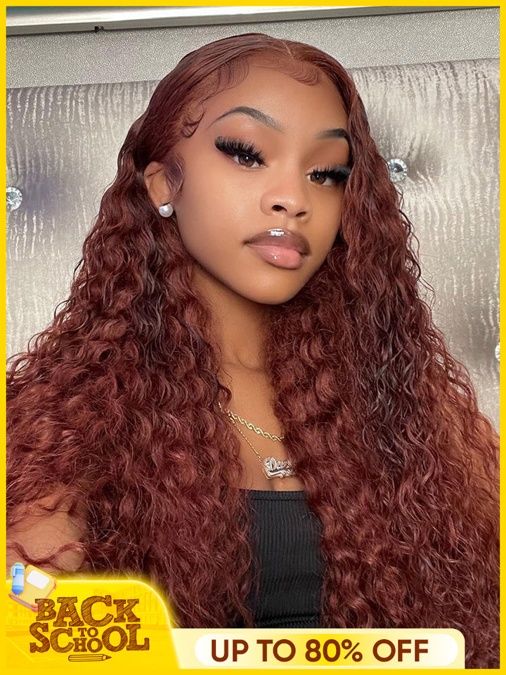 CurlyMe Reddish Brown Color Water Wave Auburn Hair 13x4 Lace Front Wigs Pre Plucked