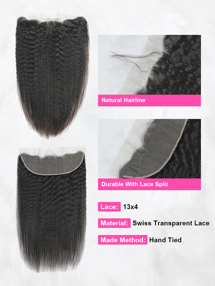 CurlyMe Kinky Straight Virgin Human Hair Bundles with a 13x4 Lace Frontal Natural Black