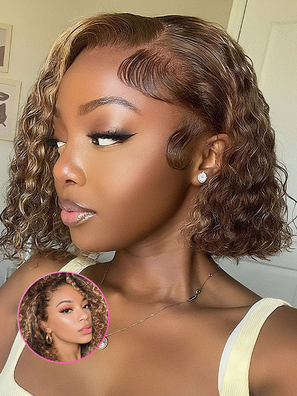 CurlyMe Highlights Ombre Water Wave Glueless Bob Wig Wear Go 7x5 Pre Cut HD Lace Wig