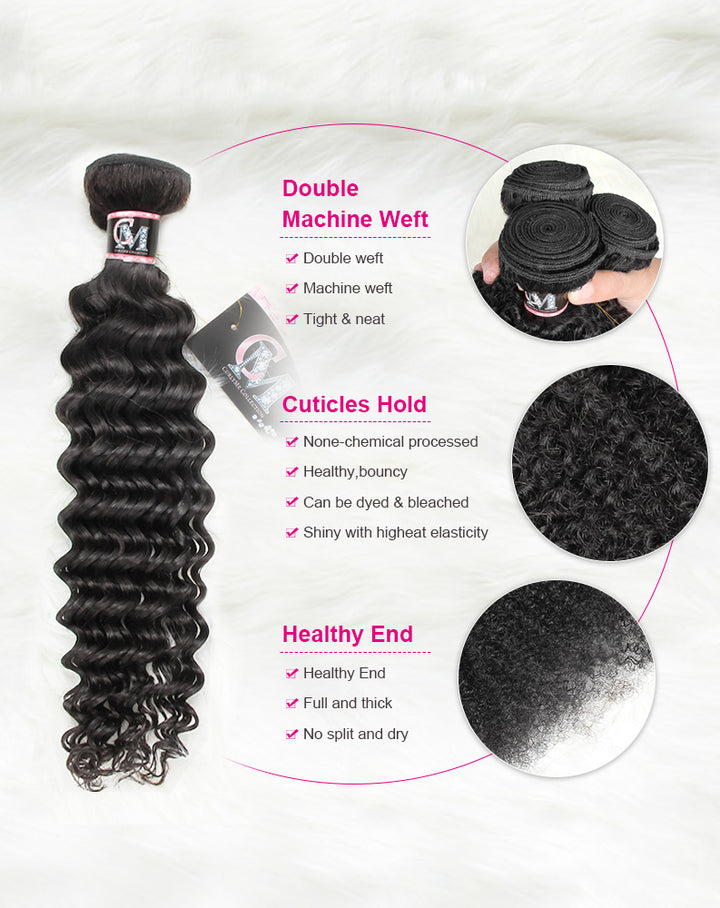 CurlyMe Deep Wave Virgin Human Hair 3 Bundles With 4x4/5x5 Lace Closure Natural Black
