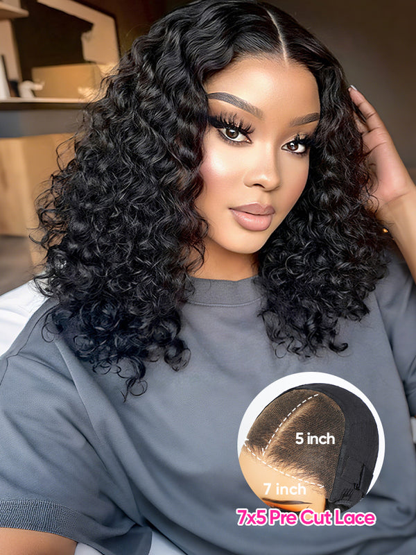 CurlyMe Water Wave Bob Glueless Wig Wear Go 7x5 HD Lace Pre Cut Lace Wig