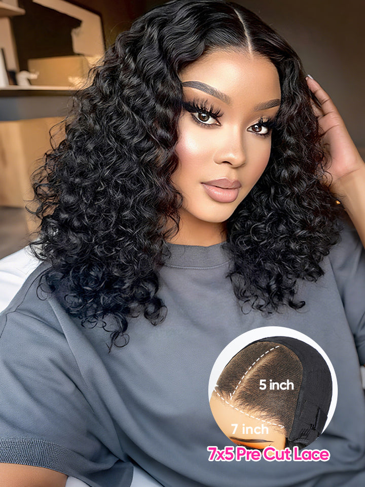 CurlyMe Water Wave Bob Glueless Wig Wear Go 7x5 HD Lace Pre Cut Lace Wig