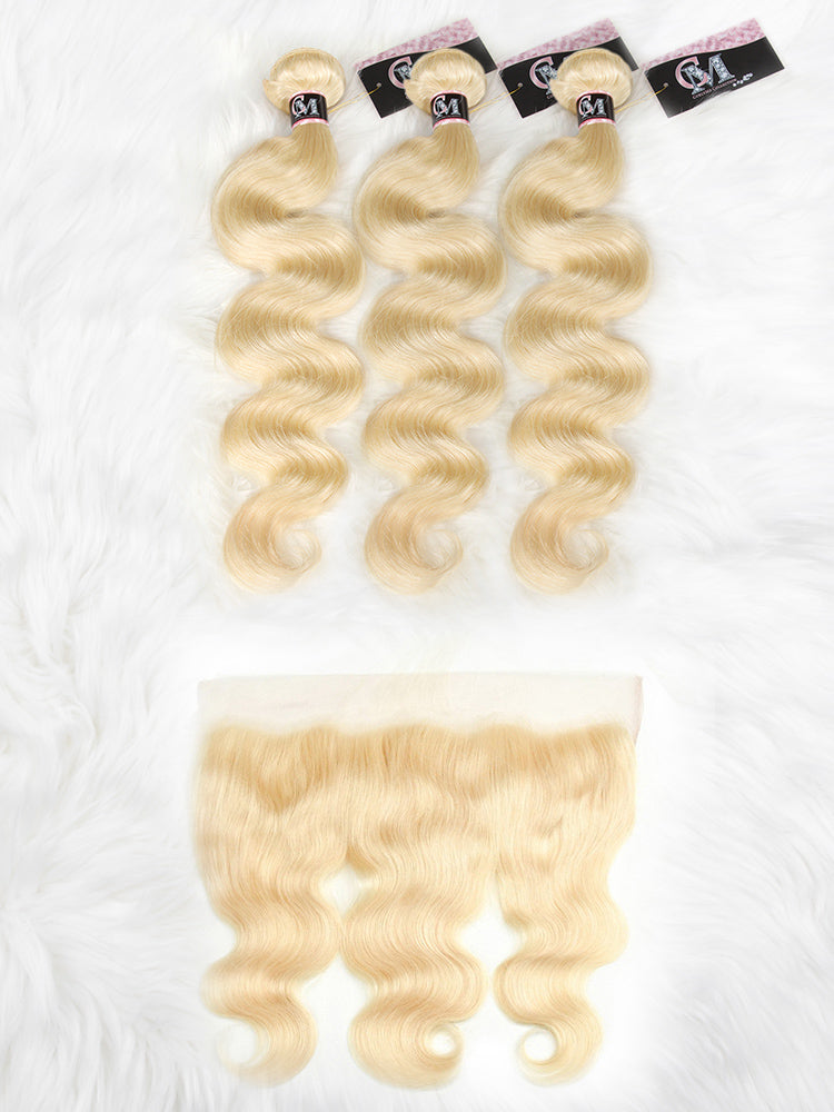 CurlyMe 613 Blonde Body Wave Human Hair 3 Bundles With 13x4 Frontal