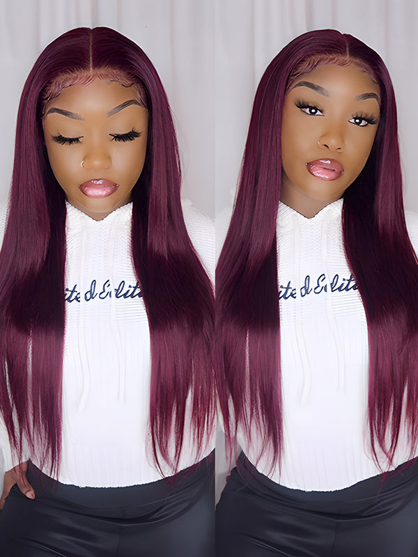 CurlyMe 99J Burgundy Color Straight Hair 13x4 Lace Front Wigs Easy Bleached Lace Wigs